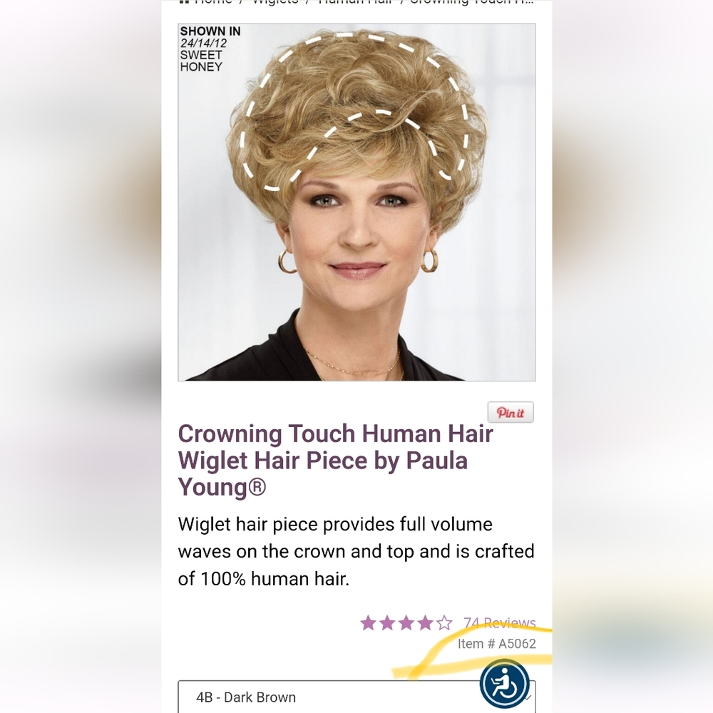 4 DARK BROWN Paula Young Crowning Touch Dark Brown HUMAN HAIR